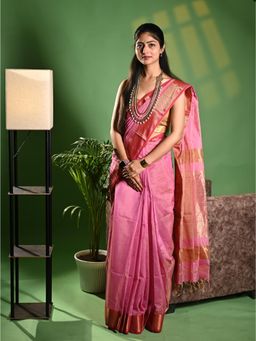 Biyahuti - Women's Pink Traditional Handloom Maheshwari Tissue Silk Saree