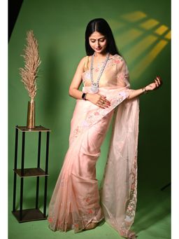 Biyahuti - Women's Green Applique Work Organza Saree
