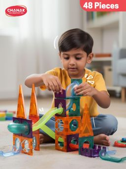 Chanak - 48 PCS Magnetic Tiles Building Blocks with Slides & Balls, STEM Toy for Kids
