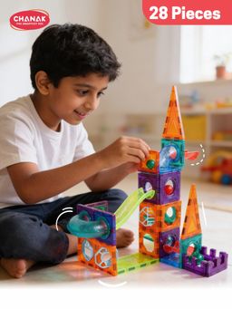 Chanak - 28 PCS Magnetic Tiles Building Set with Marble Run STEM Toy for Kids