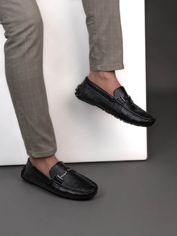 Styli - Mens Black Genuine Leather Boat Shape Slip On Casual Shoes