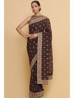 Soch - Women Black Embroidered Saree with Unstitched Blouse