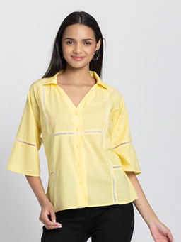 SHAYE - Yellow V-Neck Solid Short Sleeves Women Casual Shirt