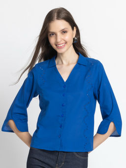 SHAYE - Cobalt Blue Collar Neck Embroidered Three-Quarter Sleeves Women Casual Shirt