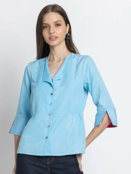 SHAYE - Blue V-Neck Solid Women Casual Shirt