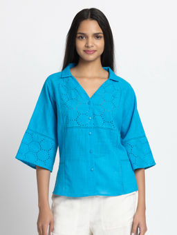 SHAYE - Blue V-Neck Embroidered Short Sleeves Women Casual Shirt