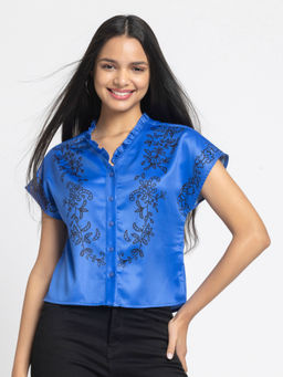 SHAYE - Blue V-Neck Printed Short Sleeves Women Casual Shirt