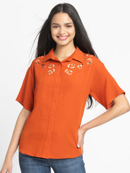 SHAYE - Rust Spread Collar Solid Short Sleeves Women Casual Shirt