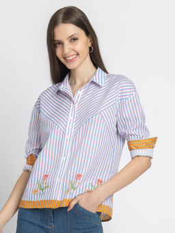 SHAYE - White Spread Collar Stripe Print Full Sleeves Women Casual Shirt