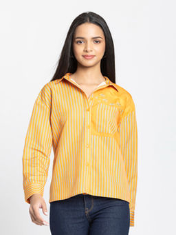SHAYE - Mustard Shirt Collar Stripe Print Full Sleeves Women Casual Shirt