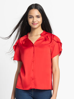 SHAYE - Red V-Neck Solid Short Sleeves Women Casual Shirt
