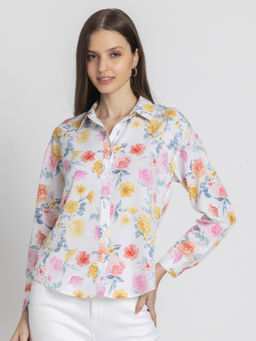 SHAYE - White Shirt Collar Floral Print Full Sleeves Women Casual Shirt