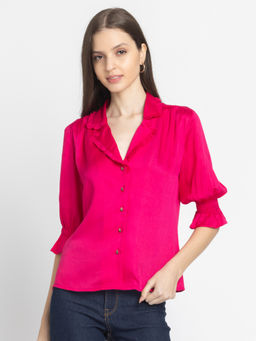 SHAYE - Fuchsia Notch Collar Embroidered Three-Quarter Sleeves Women Casual Shirt