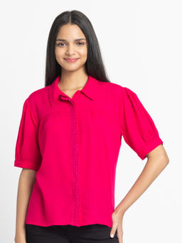 SHAYE - Fuchsia Shirt Collar Solid Short Sleeves Women Casual Shirt