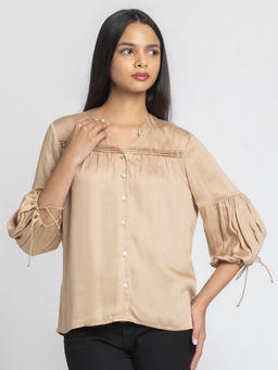 SHAYE - Beige V-Neck Solid Three-Quarter Sleeves Women Casual Shirt