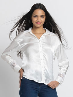 SHAYE - White Spread Collar Solid Full Sleeves Women Casual Shirt