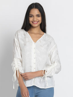 SHAYE - White V-Neck Solid Full Sleeves Women Casual Shirt