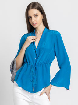 SHAYE - Blue Shawl Collar Solid Three-Quarter Sleeves Women Casual Shirt