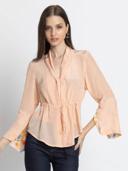 SHAYE - Peach Shawl Collar Solid Three-Quarter Sleeves Women Casual Shirt