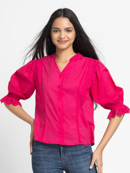 SHAYE - Fuchsia Mandarin Neck Schiffli Short Sleeves Women Casual Shirt