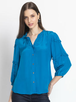 SHAYE - Blue Ruffled Neck Solid Three-Quarter Sleeves Women Casual Shirt