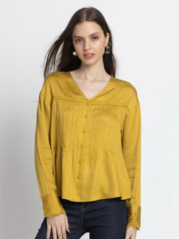 SHAYE - Mustard V-Neck Solid Full Sleeves Women Casual Shirt