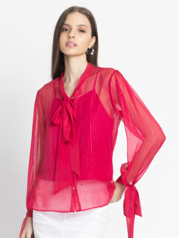 SHAYE - Fuchsia Tie Up Neck Solid Full Sleeves Casual Shirt with Cami for Women (Set of 2)