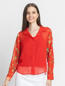 SHAYE - Red Spread Collar Floral Print Full Sleeves Casual Shirt with Cami for Women (Set of 2)