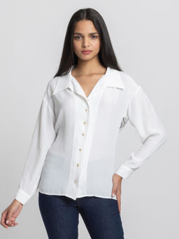 SHAYE - White Spread Collar Solid Full Sleeves Women Casual Shirt