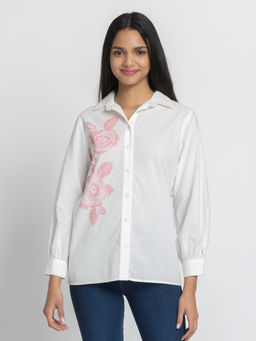 SHAYE - White Shirt Collar Floral Print Full Sleeves Women Casual Shirt