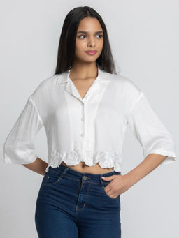 SHAYE - White Notch Collar Embroidered Short Sleeves Women Casual Shirt