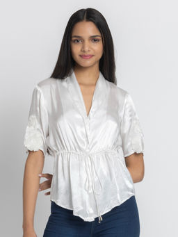 SHAYE - White V Neck Embroidered Short Sleeves Women Casual Shirt