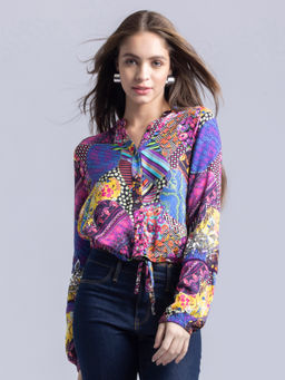 SHAYE - Band Collar Purple Floral Print Long Sleeves Party Jackets for Women