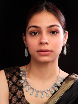 STILEADDA - Mint Green Ad-Cz Tear Drop Statement Necklace Set