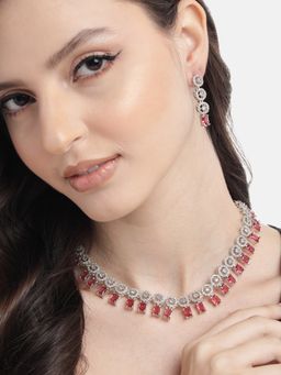 STILEADDA - Silver Plated Ruby Red Square Ad Necklace Set