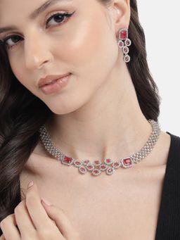 STILEADDA - Ruby Red Ad Studded Leaf Necklace Set