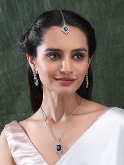 STILEADDA - Silver Plated Blue Square Ad Cz Studded Leaf Necklace Set