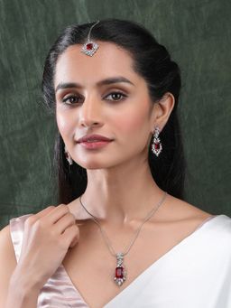 STILEADDA - Silver Plated Red Square Ad Cz Studded Leaf Necklace Set