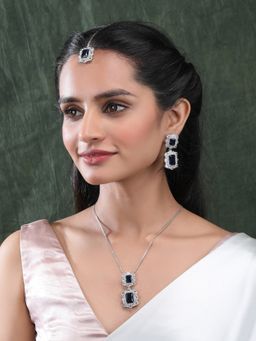 STILEADDA - Silver Plated Blue Square Cz Necklace Set