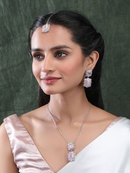 STILEADDA - Silver Plated Pink Square Cz Necklace Set