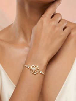 ADIVA - 18K Gold-Plated Anti-Tarnish Pearl Flower and Crystal Adjustable Bracelet