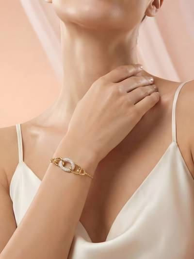 18K Gold-Plated Anti-Tarnish Crystal-Studded Oval Link Adjustable Bracelet