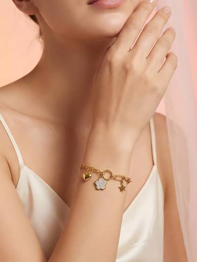 18K Gold-Plated Anti-Tarnish Heart Star and Crystal Flower Charm Bracelet