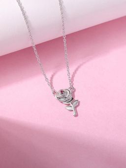 Ornate Jewels - 925 Silver Rhodium Plated Pink Rose Necklace