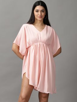 SHOWOFF - Womens V-Neck Above Knee Peach Solid Dress