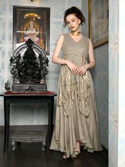 Odette - Beige Crepe Designer Stitched Indo Western Dress