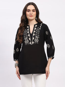 ME & I - Women Black Rayon Embroidered Tunic