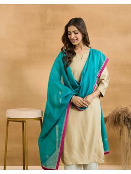 Fabindia - Women Teal Cotton Silk Embroidered Dupatta
