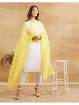 Fabindia - Women Yellow Cotton Silk Embroidered Dupatta