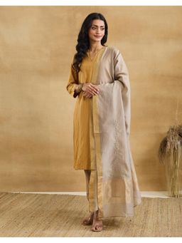 Fabindia - Women Khaki Cotton Silk Embroidered Dupatta